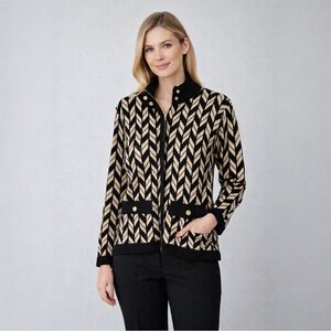 Anne Klein Black & Oatmeal Chevron Zip Sweater Jacket - S.